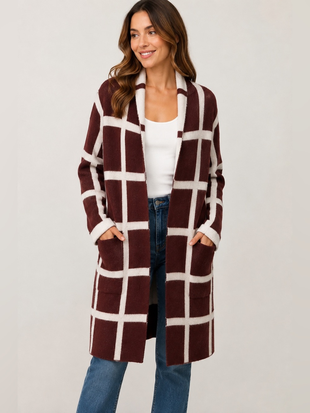 Lost + Wander Grid Plaid Open-Front Long Cardigan in Brown and Cream - SIZE M/L - Picture 1 of 14